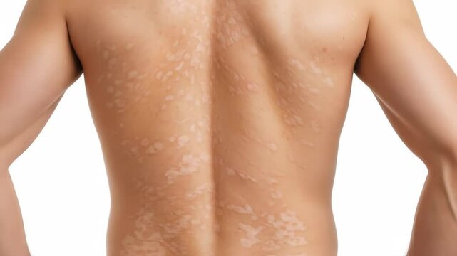 Back View of Skin with Vitiligo - The video shows the back of a person with vitiligo, characterized by patches of depigmented skin.