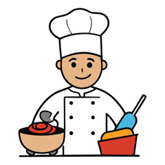 A cheerful chef cook in a white hat and apron cooking delicious meals with fresh ingredients in a hot pan, steam rising as flavors blend in the kitchen.
