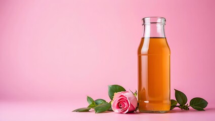 A Refreshing Glass Bottle Filled With Amber Liquid And A Single Pink Rose Petal On A Soft Pink Background