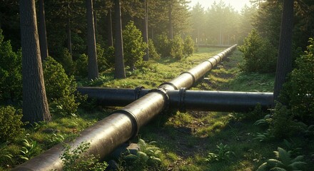 Oil pipeline cutting through lush forest, environmental impact theme