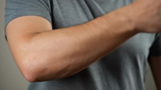 Close-Up of an Arm in a Gray Shirt - The video depicts a close-up view of a person's arm bent at the elbow, wearing a gray t-shirt.