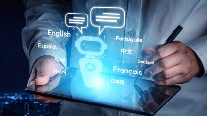 Global communication with multiple languages, digital translation tools, multilingual technology,...
