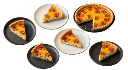 Delicious Quiche Slices on Various Plates with Bacon and Cheese Topping, isolated on a transparent background