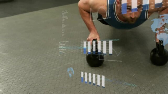 Male athlete performing kettlebell push-up in gym, initiating charts filling with live fitness data