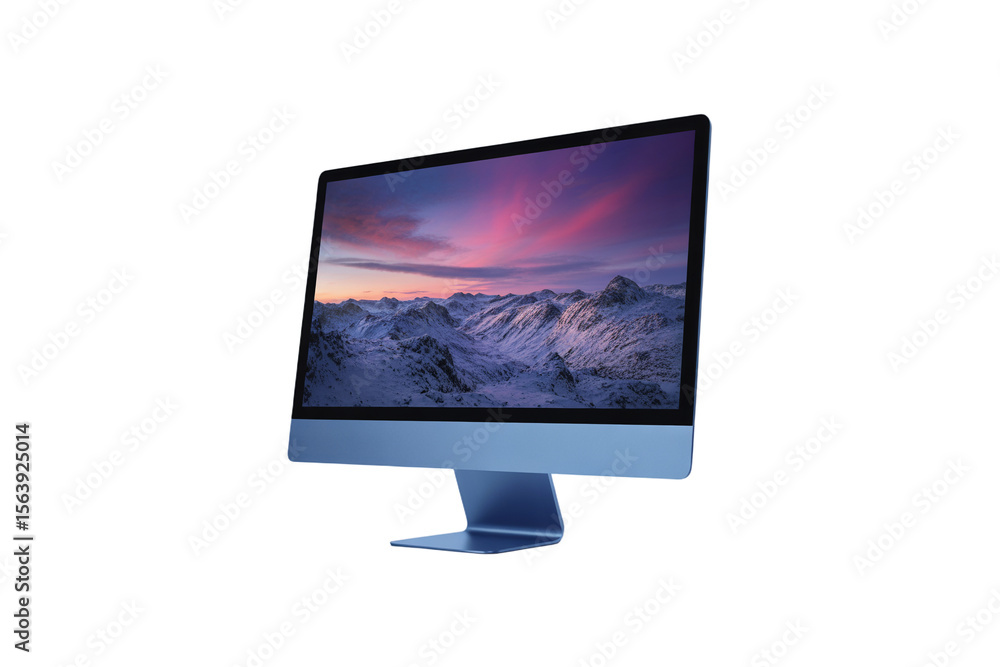 Fototapete modern computer monitor displaying a vibrant aurora borealis over snow capped mountains