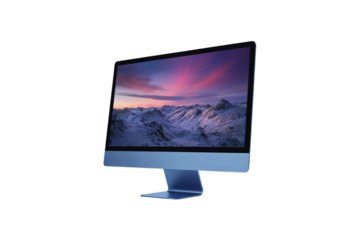 Modern computer monitor displaying a vibrant aurora borealis over snow capped mountains
