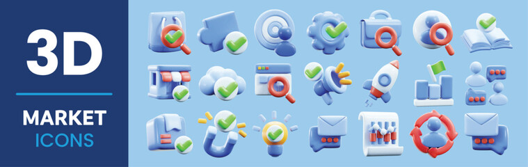 Set of 3D market icons featuring magnifying glass, puzzle, gear, briefcase, rocket, store, cloud, chart, magnet, email, lifebuoy, and users. Trendy vector illustration, glossy style.
