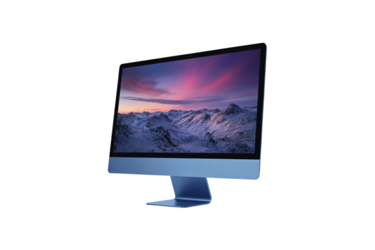 Modern computer monitor displaying a vibrant aurora borealis over snow capped mountains