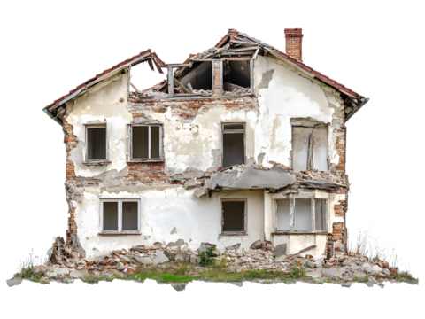 A severely damaged and dilapidated house with a collapsed roof and exposed brickwork isolated on transparent background