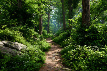 Obraz premium Sunlit forest path winding through lush green foliage and ancient trees sunlight