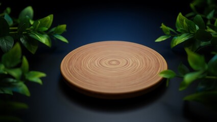 Natural Wooden Display Stand Surrounded by Lush Green Leaves on a Dark Background