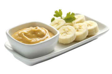 Banana slices paired with peanut butter