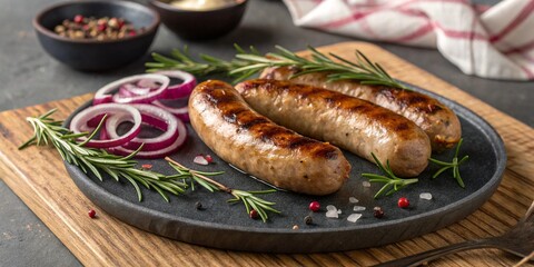 Fragrant homemade sausages, grilled to a golden crust. Served with juicy onions and fragrant rosemary. Perfect for illustrating meat dishes and barbecue.