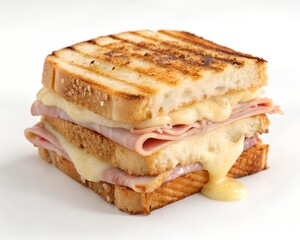 Tuna Melt on Rye Sandwich Half Cut Showing Filling Close Up on White Background
