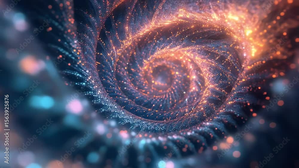Poster dynamic abstract spiral tunnel with bright orange and blue particles moving rapidly through space. a
