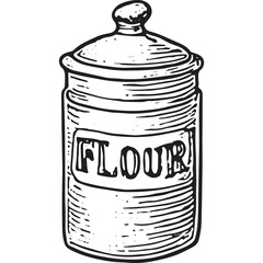 Hand-drawn flour jar sketch for baking, ideal for kitchen and pantry designs