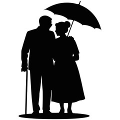 Silhouette of couple under umbrella with walking stick