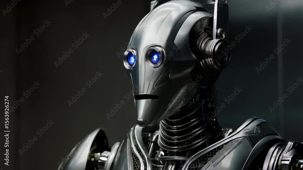 Poster futuristic robot expressing emotions with advanced facial movements in a bright lab setting