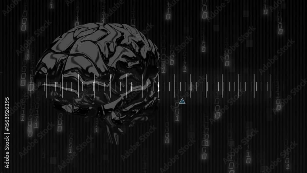 Poster binary digits cascading starting metallic brain rotating, pulsing waveform and marker tracking data