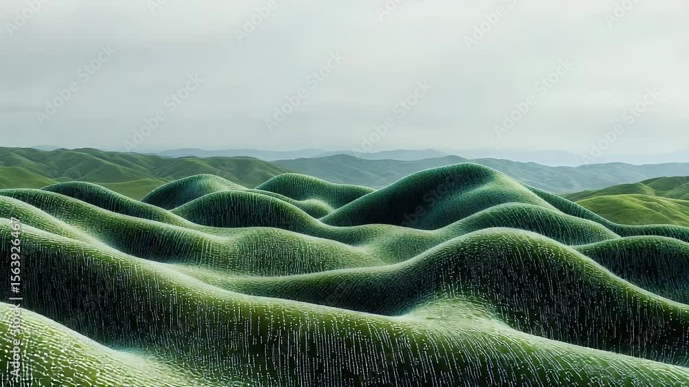 Poster abstract 3d rendering of rolling green hills with pixelated textures under a muted cloudy sky. a lan