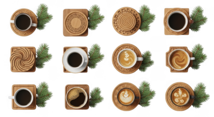 Artistic Display of Coffee Cups with Decorative Coasters and Greenery for a Cozy Atmosphere, isolated on a transparent background