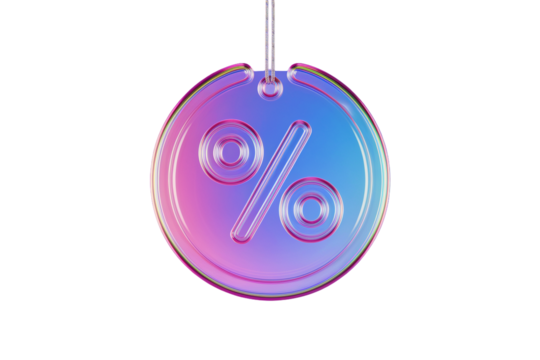 Glossy percentage symbol icon with a holographic iridescent gradient background
