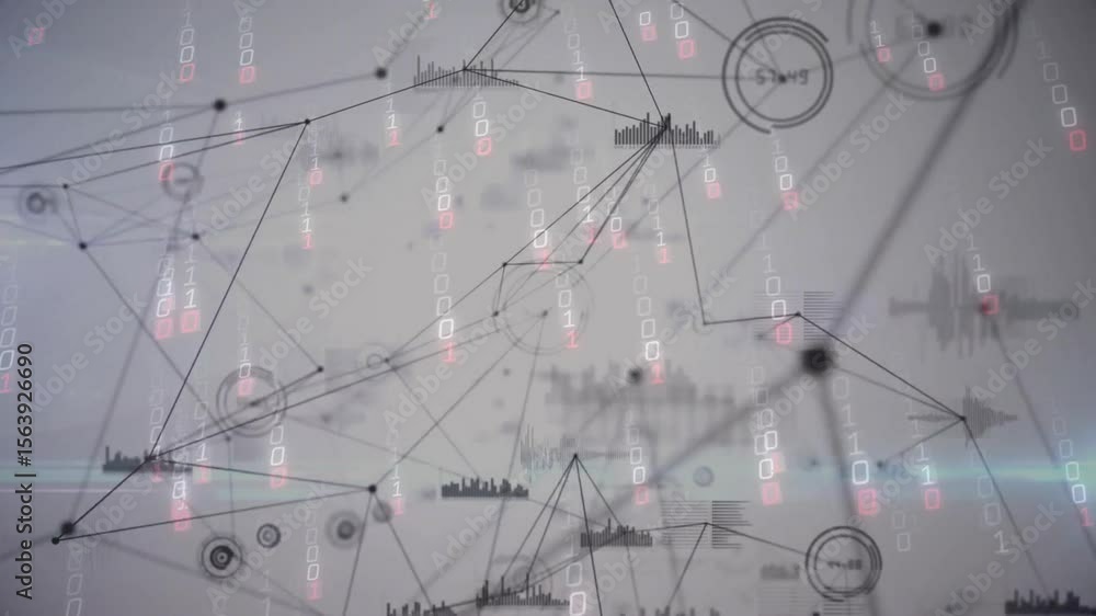 Poster points emerging and linking pulsing rings, rising bar icons as streaming binary code showing growth