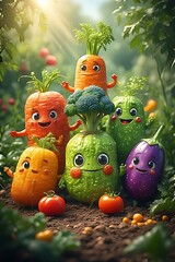 Cute Smiling Vegetables in Garden