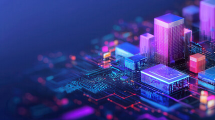 Vibrant digital cityscape with glowing buildings and circuit patterns, representing modern technology and data analysis tools