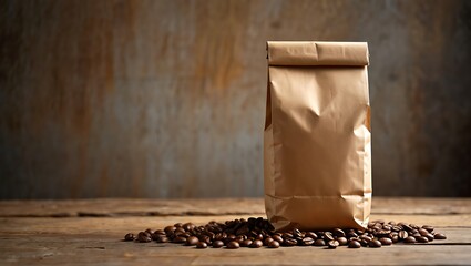 Freshly Roasted Coffee Beans in a Kraft Paper Bag on a Wooden Table