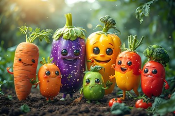Cute Smiling Vegetables in Garden