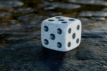 Close-up of a single white die on a dark stone surface