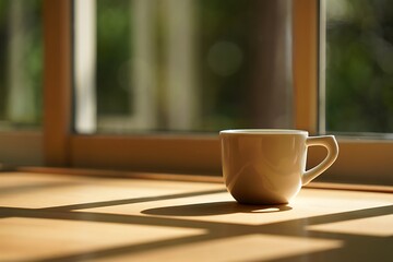 Warm Morning Coffee Cup Bathed in Golden Sunlight on a Wooden Table