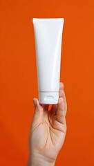 Hand Holding A White Tube Of Product Against A Vibrant Orange Background