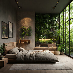 Contemporary bedroom featuring lush indoor greenery, natural light, and earthy organic materials 