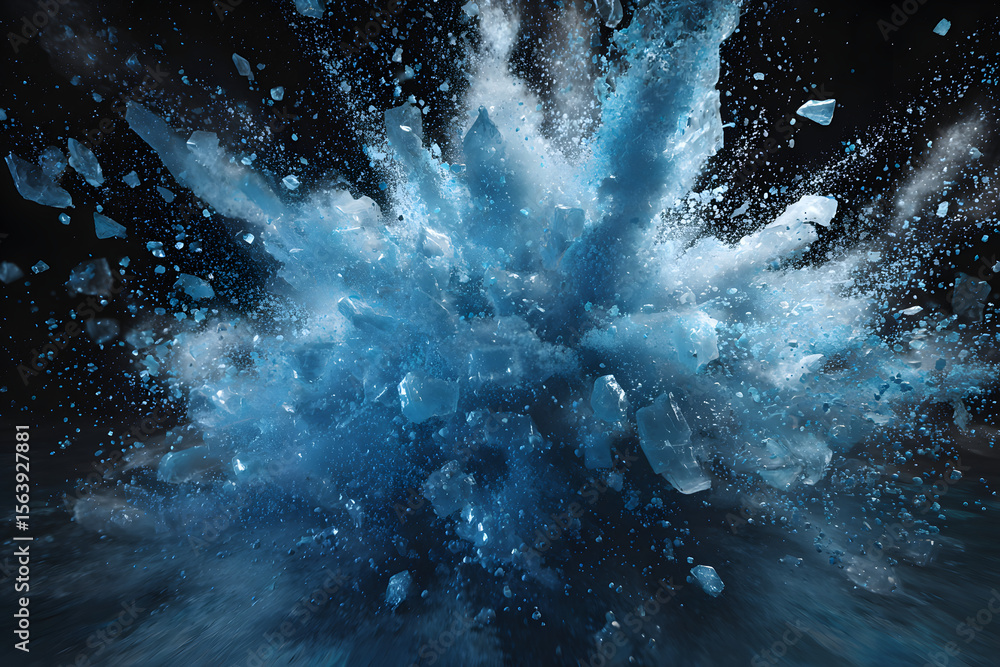 Poster a dynamic splash of blue ice fragments, creating an energetic explosion effect.
