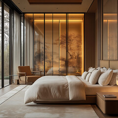 Contemporary bedroom featuring indoor nature integration, full-glass partition, luxury lighting design, and soft warm hues 