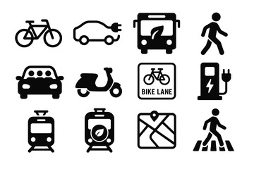 12 black sustainable transport icons on white. Vector for green mobility and eco design.

