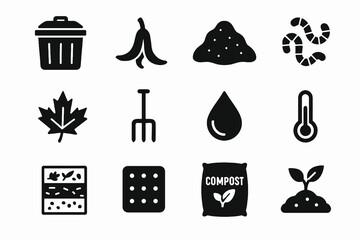 12 black composting icons on white. Vector for zero waste, soil health, and sustainability.