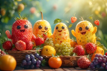 Cute Smiling Fruits in Basket