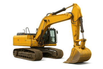 Heavy-duty yellow excavator with a large bucket, positioned on a transparent background, showcasing construction machinery details