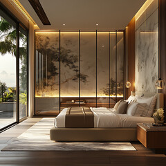 Contemporary bedroom featuring indoor nature integration, full-glass partition, luxury lighting design, and soft warm hues 