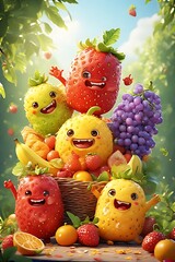 Cute Smiling Fruits in Basket