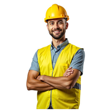 Smiling young male construction worker isolated on transparent background