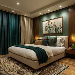 Contemporary bedroom featuring art-inspired wall decor, rich green curtain drapes, and warm recessed lighting 