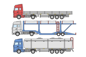 Different types of semi-trailers. Truck trailers flatbed, car carrier, tanker