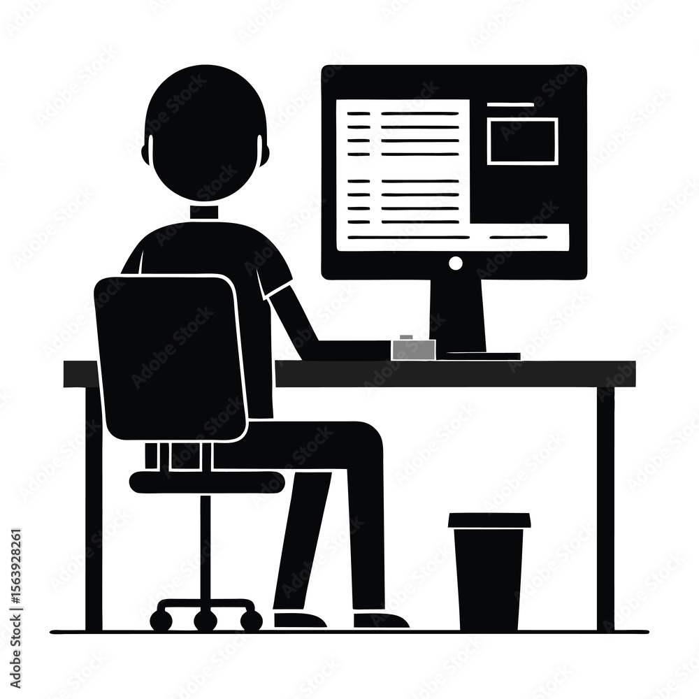 Poster monochrome illustration of person working on a computer at a desk inside of a minimalist workspace.