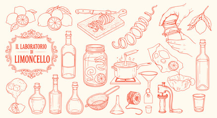 Limoncello Laboratory. Vintage sketch set of the limoncello making process. Hand drawn Italian vector illustrations of limoncello, recipe, laboratory for recipe cards or food blogs.
