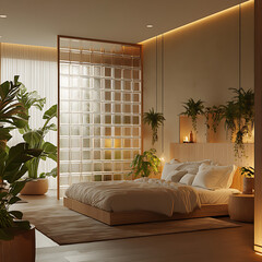 Contemporary bedroom design featuring clear glass divider, lush indoor plants, and cozy lighting setup, tranquil ambiance 