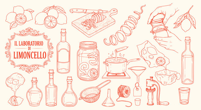 Limoncello Laboratory. Vintage sketch set of the limoncello making process. Hand drawn Italian vector illustrations of limoncello, recipe, laboratory for recipe cards or food blogs.